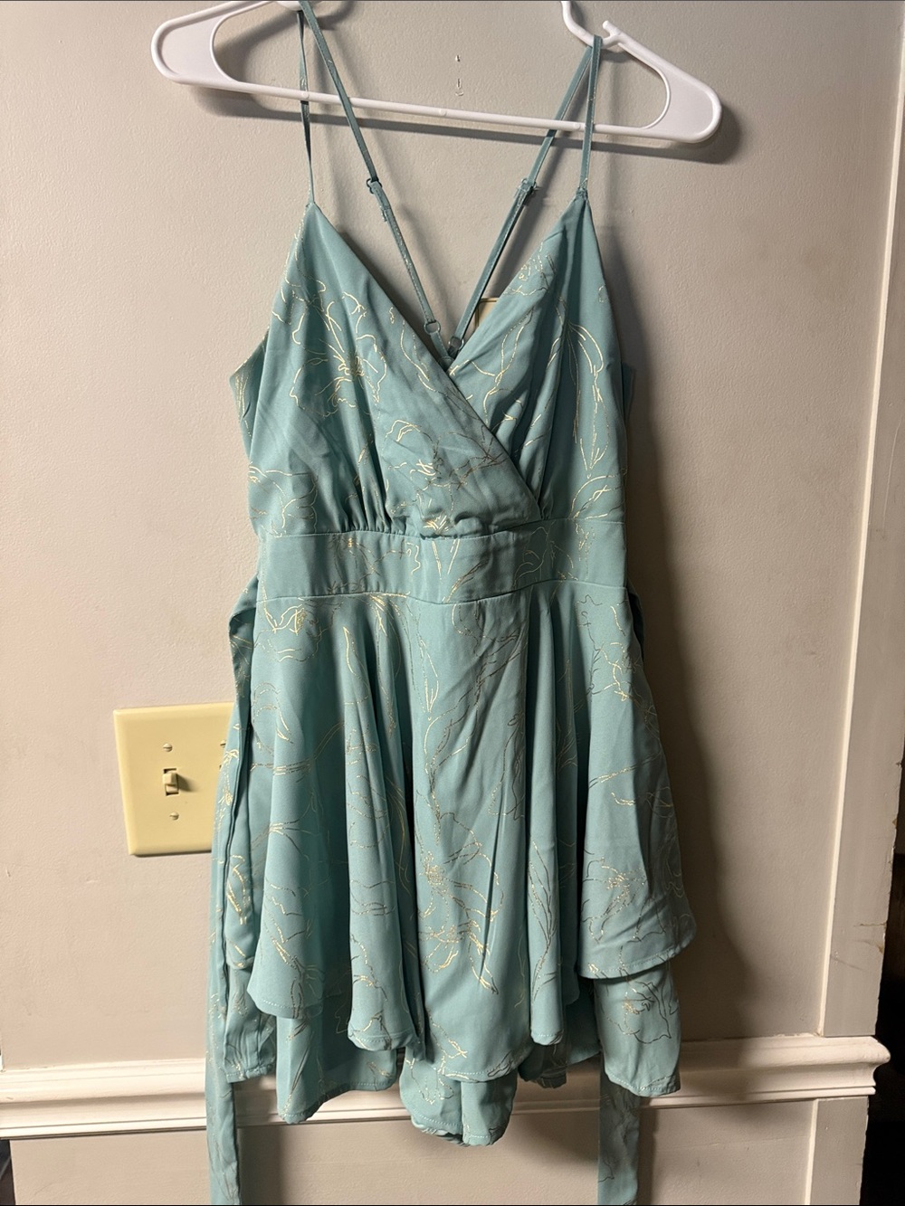 Mini Wrap Dress in Light Teal with Gold Threading